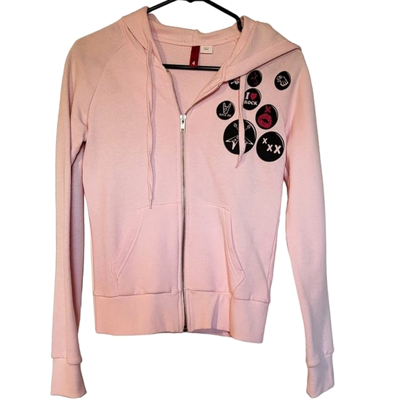 Y2K DIVIDED BY H&M Light Pink Hoodie Skulls Stars Guitars Graphic Buttons Size 4 - Picture 1 of 5
